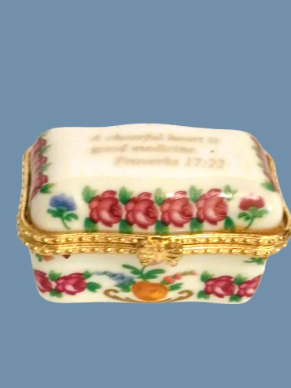 Imperial Porcelain Hinged Trinket Box Vtg Pink Floral with Bible Verse Gold Trim